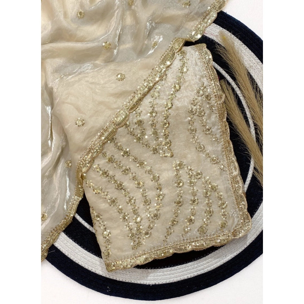 Generic Women's Satin Embellished Saree With Unstitched Blouse 5.5Mtr (Cream)