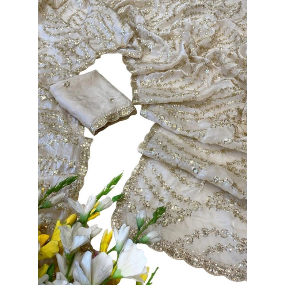 Generic Women's Satin Embellished Saree With Unstitched Blouse 5.5Mtr (Cream)