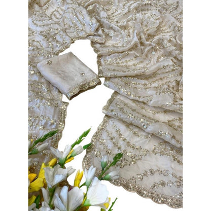 Generic Women's Satin Embellished Saree With Unstitched Blouse 5.5Mtr (Cream)
