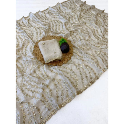 Generic Women's Satin Embellished Saree With Unstitched Blouse 5.5Mtr (Cream)