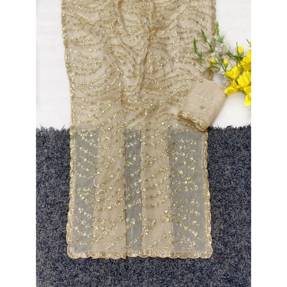 Generic Women's Satin Embellished Saree With Unstitched Blouse 5.5Mtr (Cream)