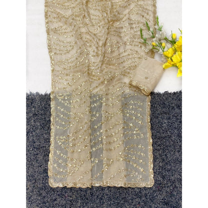 Generic Women's Satin Embellished Saree With Unstitched Blouse 5.5Mtr (Cream)