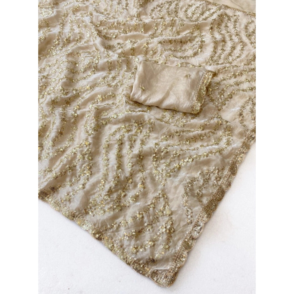 Generic Women's Satin Embellished Saree With Unstitched Blouse 5.5Mtr (Cream)