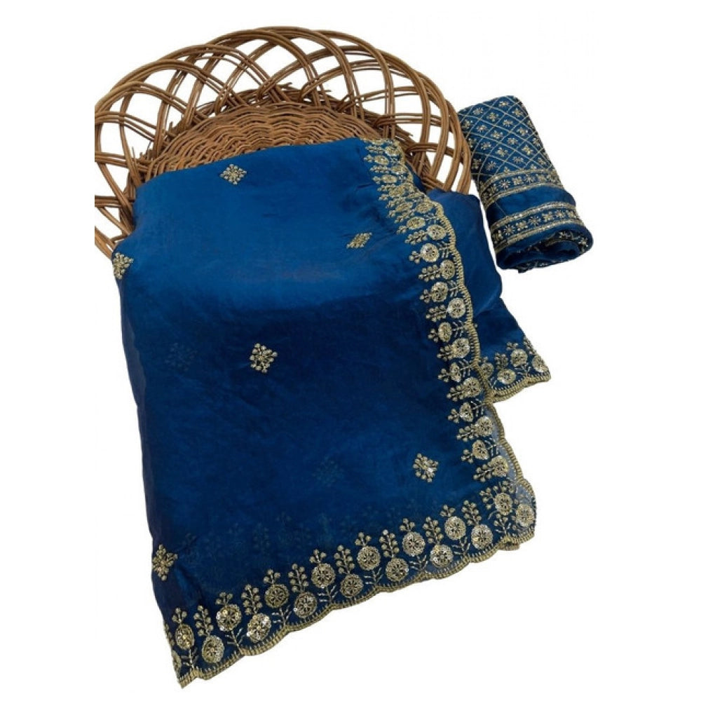 Generic Women's Satin Embellished Saree With Unstitched Blouse 5.5Mtr (Teal)