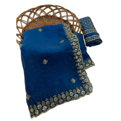 Generic Women's Satin Embellished Saree With Unstitched Blouse 5.5Mtr (Teal)