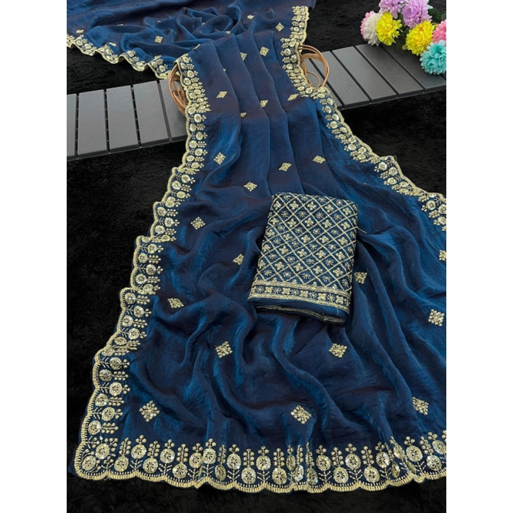 Generic Women's Satin Embellished Saree With Unstitched Blouse 5.5Mtr (Teal)