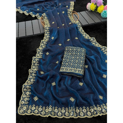 Generic Women's Satin Embellished Saree With Unstitched Blouse 5.5Mtr (Teal)