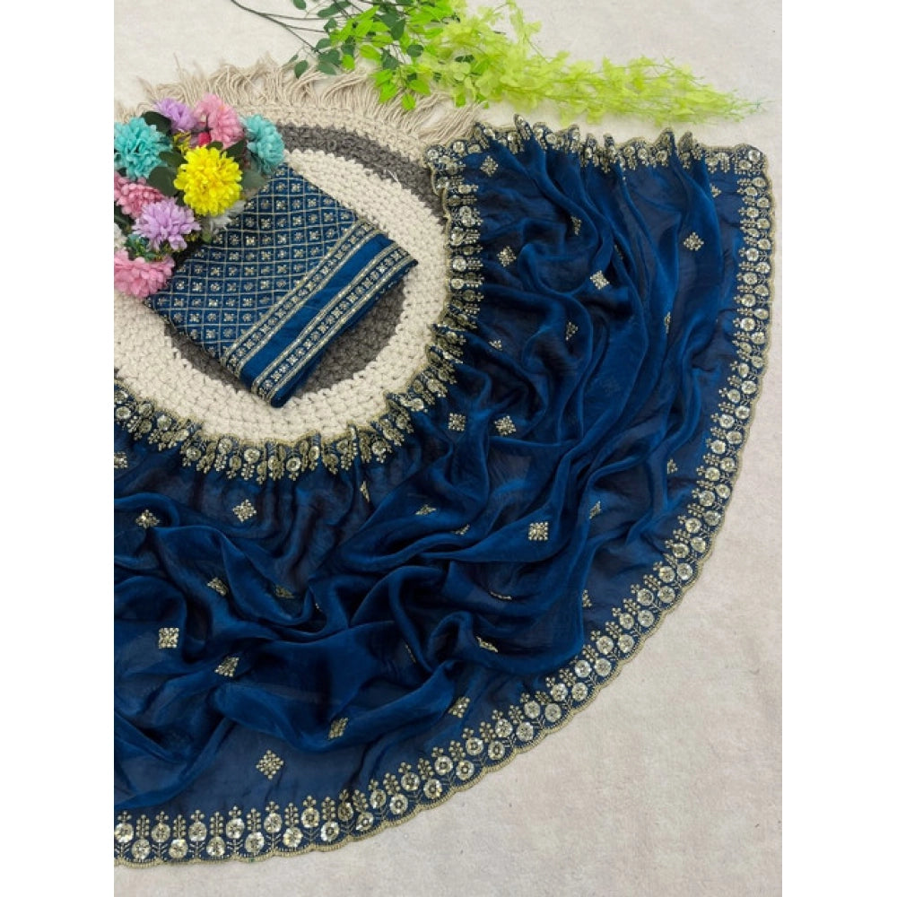 Generic Women's Satin Embellished Saree With Unstitched Blouse 5.5Mtr (Teal)