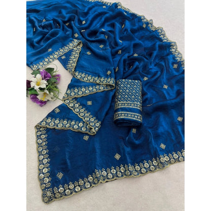 Generic Women's Satin Embellished Saree With Unstitched Blouse 5.5Mtr (Teal)