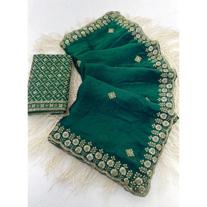 Generic Women's Satin Embellished Saree With Unstitched Blouse 5.5Mtr (Green)