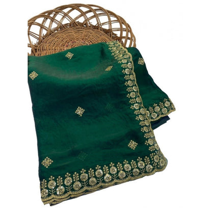 Generic Women's Satin Embellished Saree With Unstitched Blouse 5.5Mtr (Green)