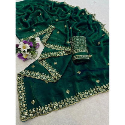 Generic Women's Satin Embellished Saree With Unstitched Blouse 5.5Mtr (Green)