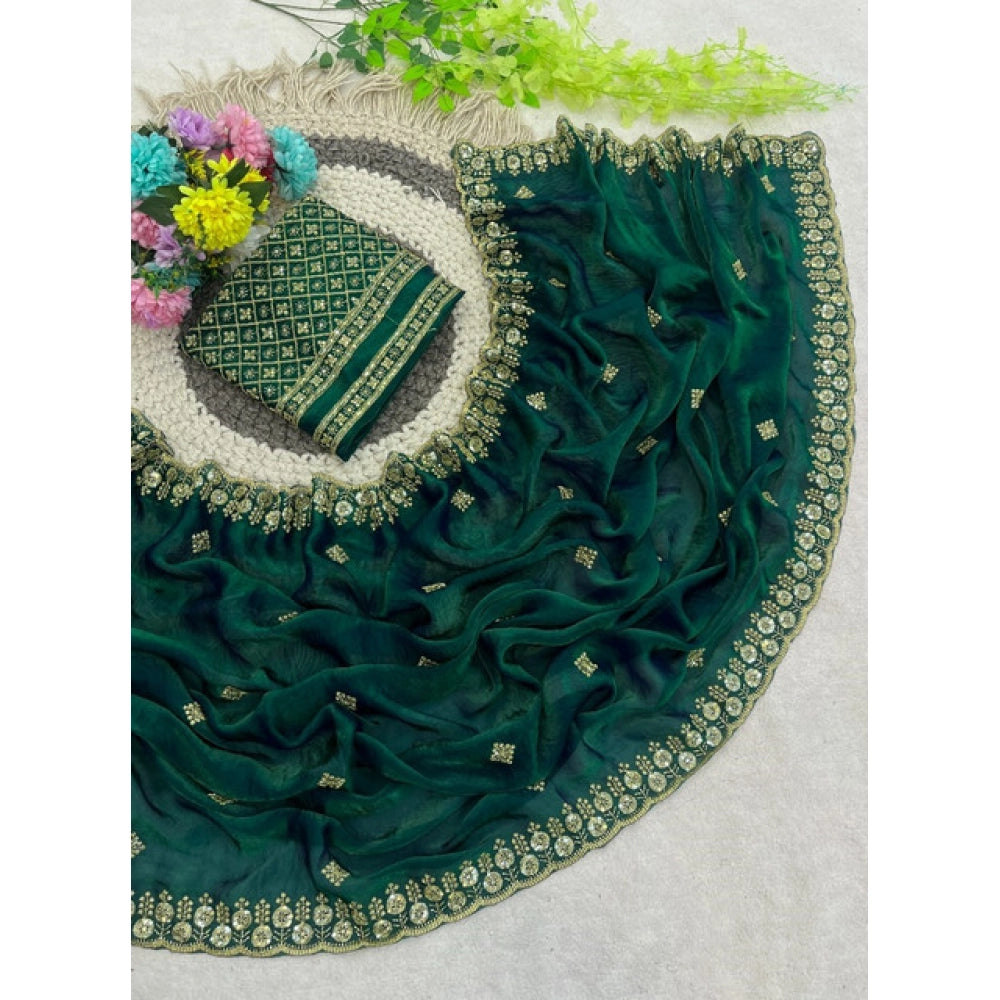 Generic Women's Satin Embellished Saree With Unstitched Blouse 5.5Mtr (Green)