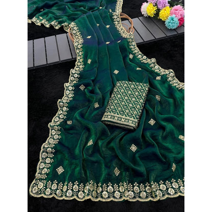Generic Women's Satin Embellished Saree With Unstitched Blouse 5.5Mtr (Green)
