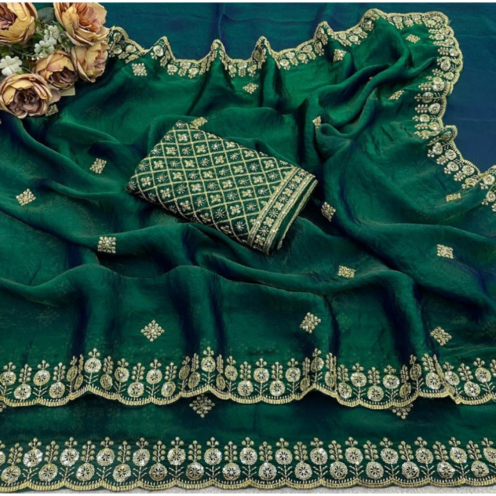 Generic Women's Satin Embellished Saree With Unstitched Blouse 5.5Mtr (Green)
