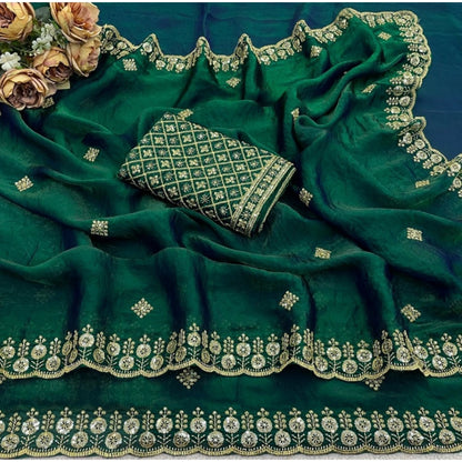 Generic Women's Satin Embellished Saree With Unstitched Blouse 5.5Mtr (Green)