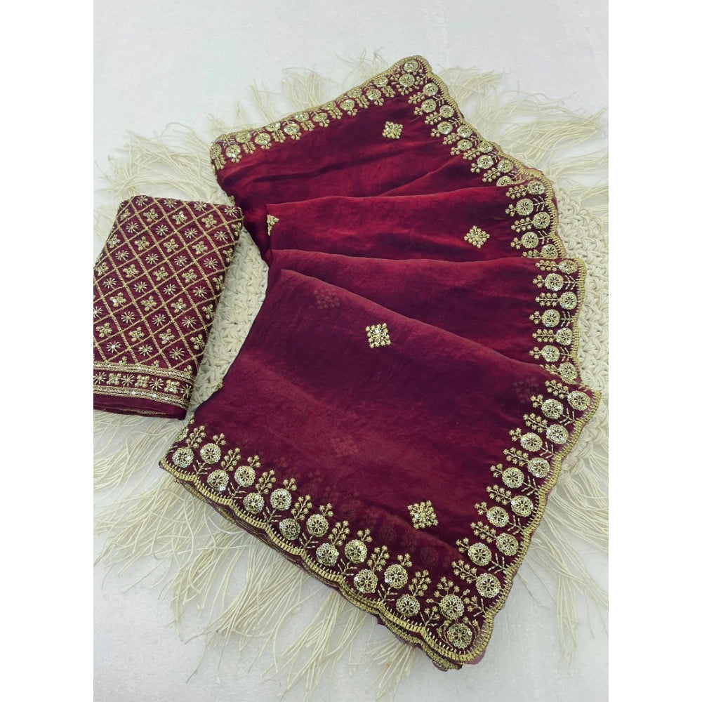 Generic Women's Satin Embellished Saree With Unstitched Blouse 5.5Mtr (Maroon)