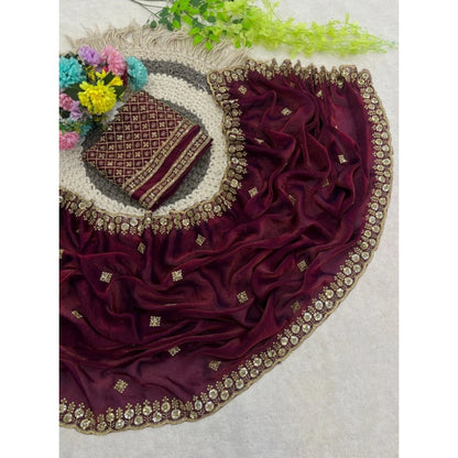 Generic Women's Satin Embellished Saree With Unstitched Blouse 5.5Mtr (Maroon)