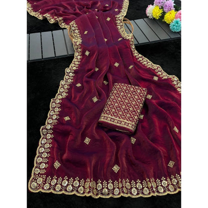 Generic Women's Satin Embellished Saree With Unstitched Blouse 5.5Mtr (Maroon)