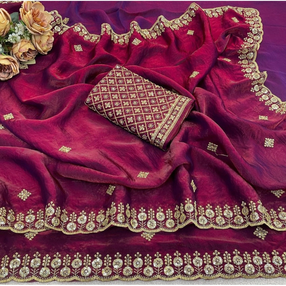 Generic Women's Satin Embellished Saree With Unstitched Blouse 5.5Mtr (Maroon)