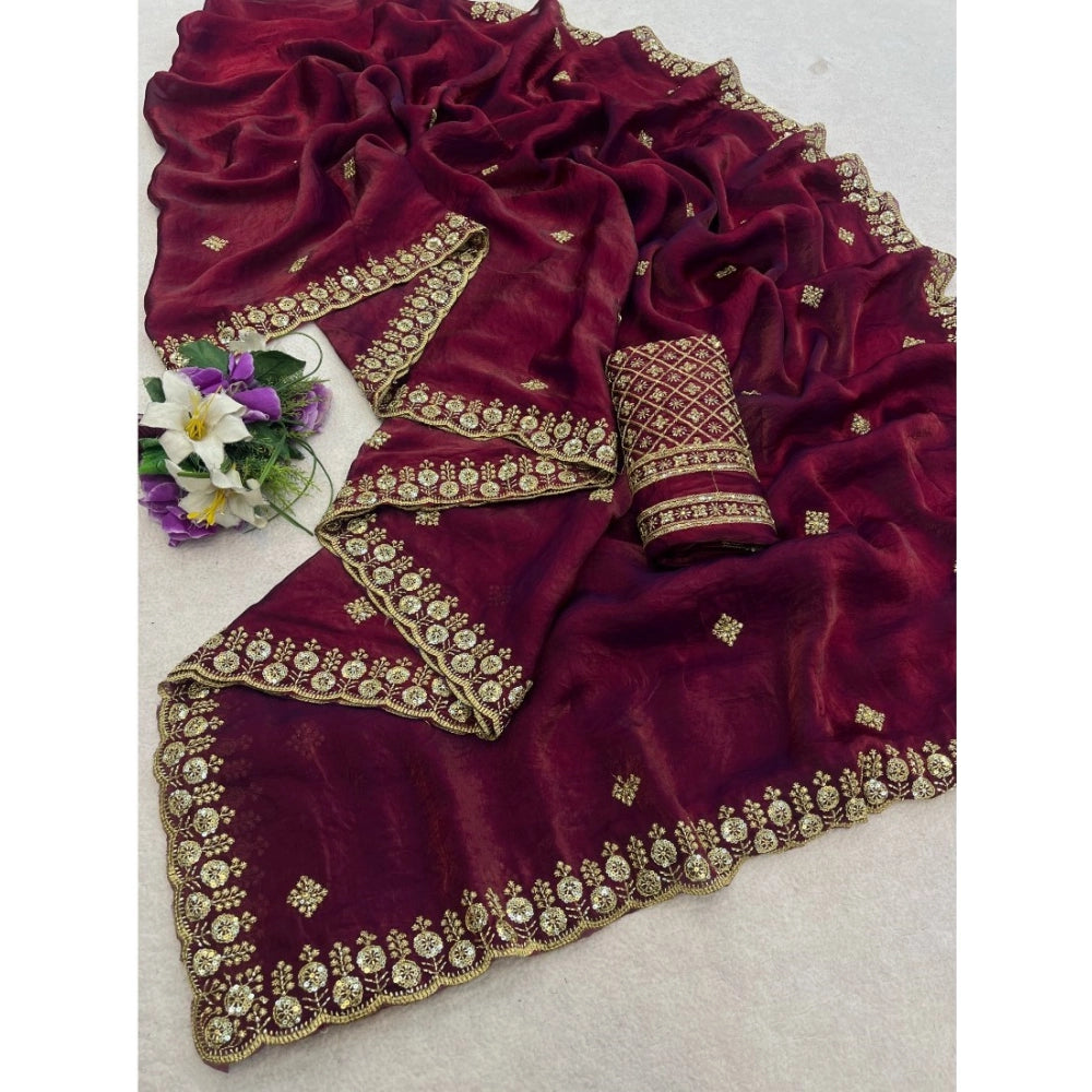 Generic Women's Satin Embellished Saree With Unstitched Blouse 5.5Mtr (Maroon)