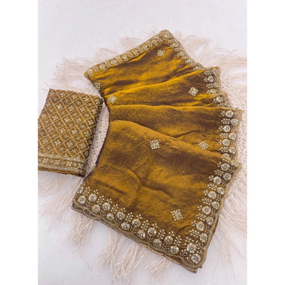 Generic Women's Satin Embellished Saree With Unstitched Blouse 5.5Mtr (Mustard)