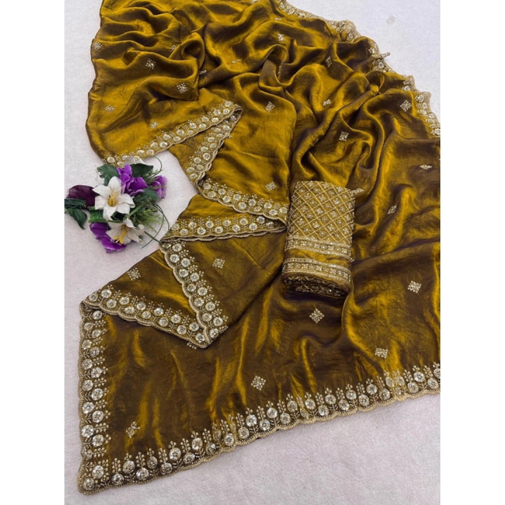 Generic Women's Satin Embellished Saree With Unstitched Blouse 5.5Mtr (Mustard)