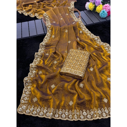 Generic Women's Satin Embellished Saree With Unstitched Blouse 5.5Mtr (Mustard)