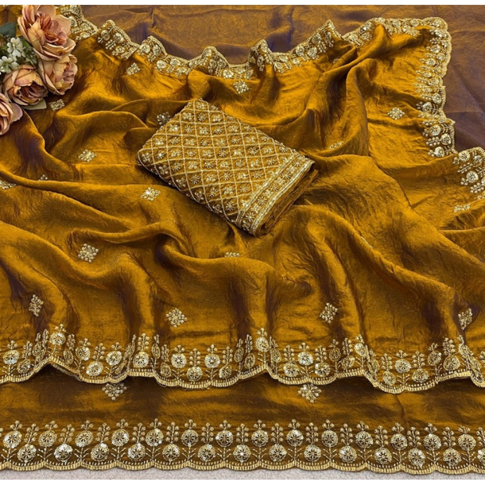 Generic Women's Satin Embellished Saree With Unstitched Blouse 5.5Mtr (Mustard)