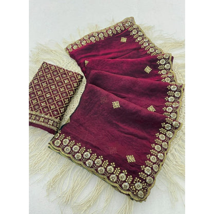 Generic Women's Satin Embellished Saree With Unstitched Blouse 5.5Mtr (Wine-Toned)