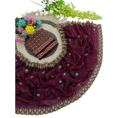 Generic Women's Satin Embellished Saree With Unstitched Blouse 5.5Mtr (Wine-Toned)
