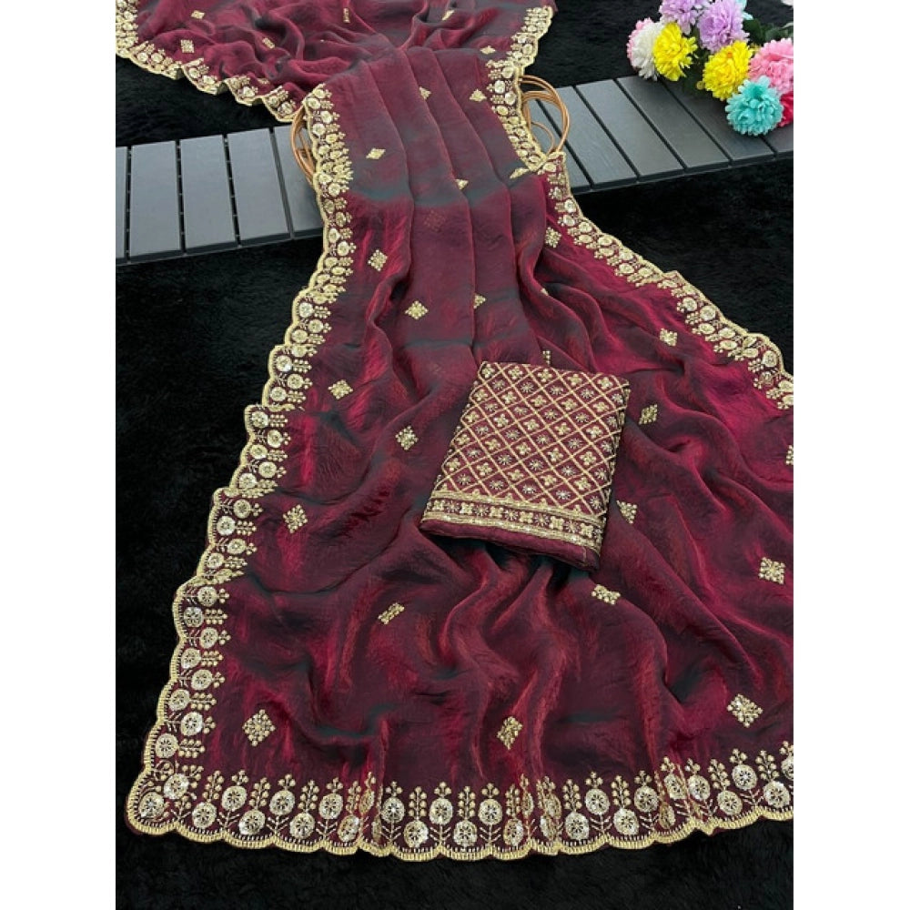 Generic Women's Satin Embellished Saree With Unstitched Blouse 5.5Mtr (Wine-Toned)