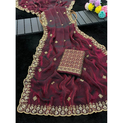 Generic Women's Satin Embellished Saree With Unstitched Blouse 5.5Mtr (Wine-Toned)