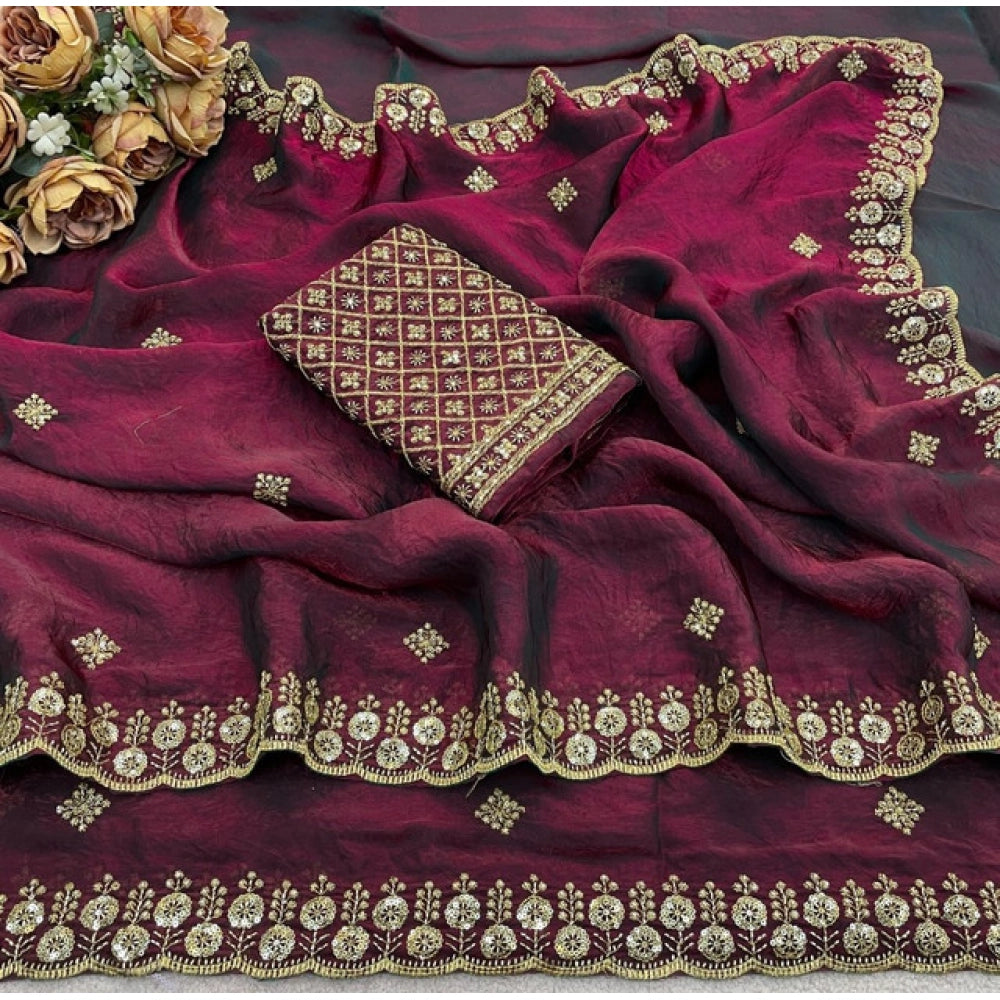 Generic Women's Satin Embellished Saree With Unstitched Blouse 5.5Mtr (Wine-Toned)