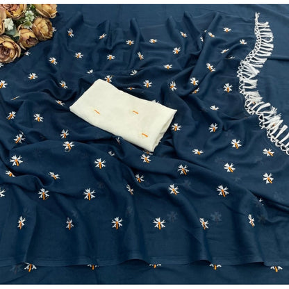 Generic Women's Georgette Embellished Saree With Unstitched Blouse 5.5Mtr (Navy)
