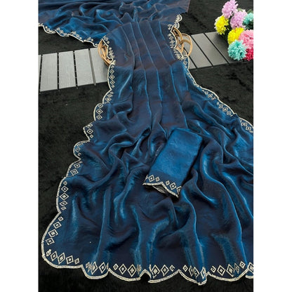 Generic Women's Satin Embellished Saree With Unstitched Blouse 5.5Mtr (Navy)