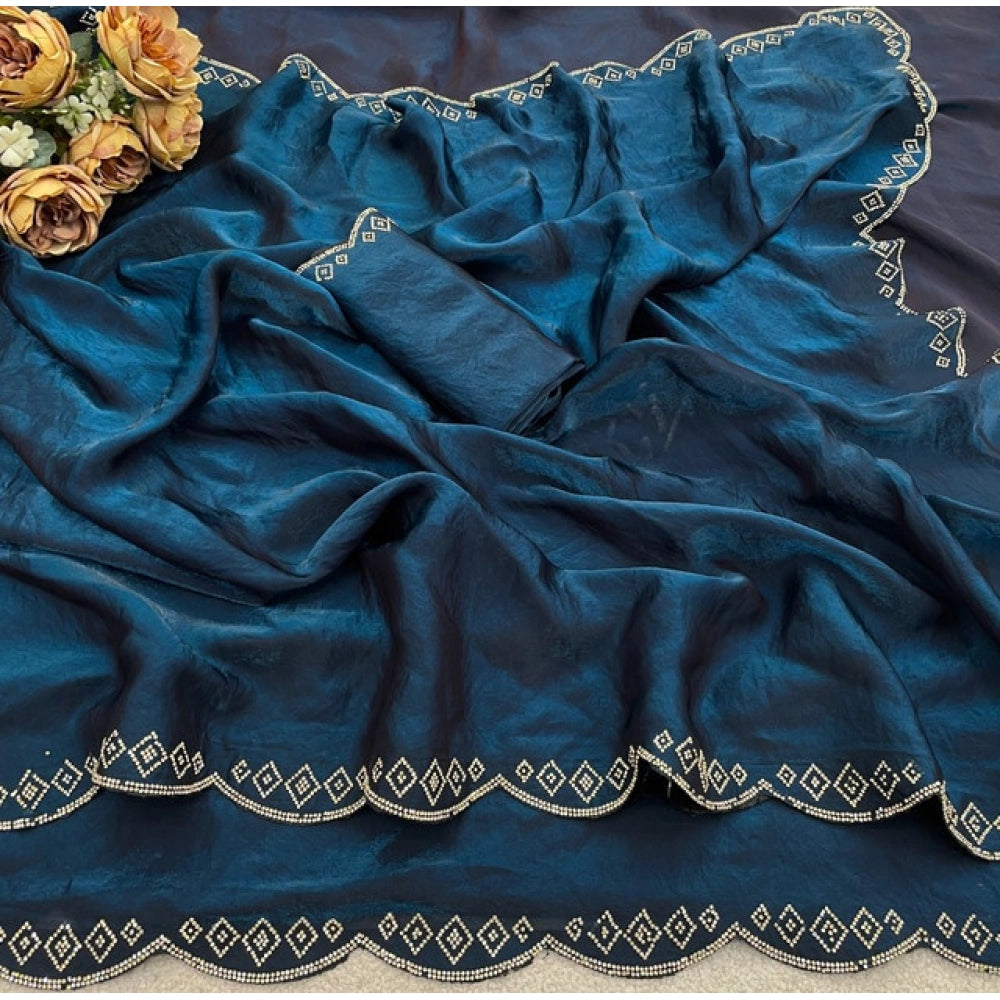 Generic Women's Satin Embellished Saree With Unstitched Blouse 5.5Mtr (Navy)