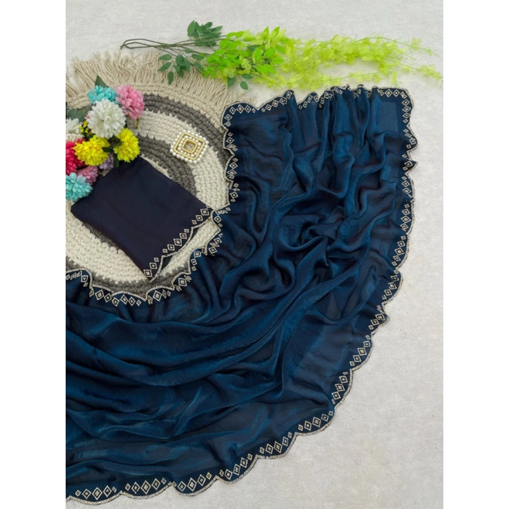 Generic Women's Satin Embellished Saree With Unstitched Blouse 5.5Mtr (Navy)