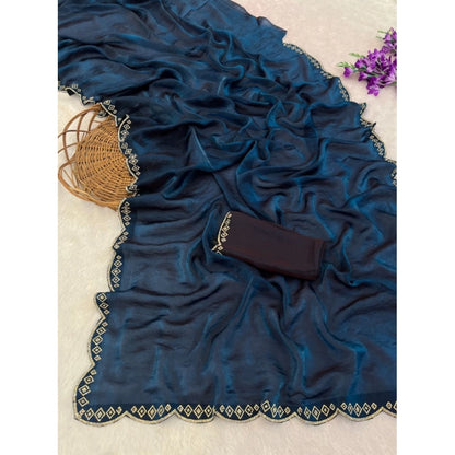 Generic Women's Satin Embellished Saree With Unstitched Blouse 5.5Mtr (Navy)