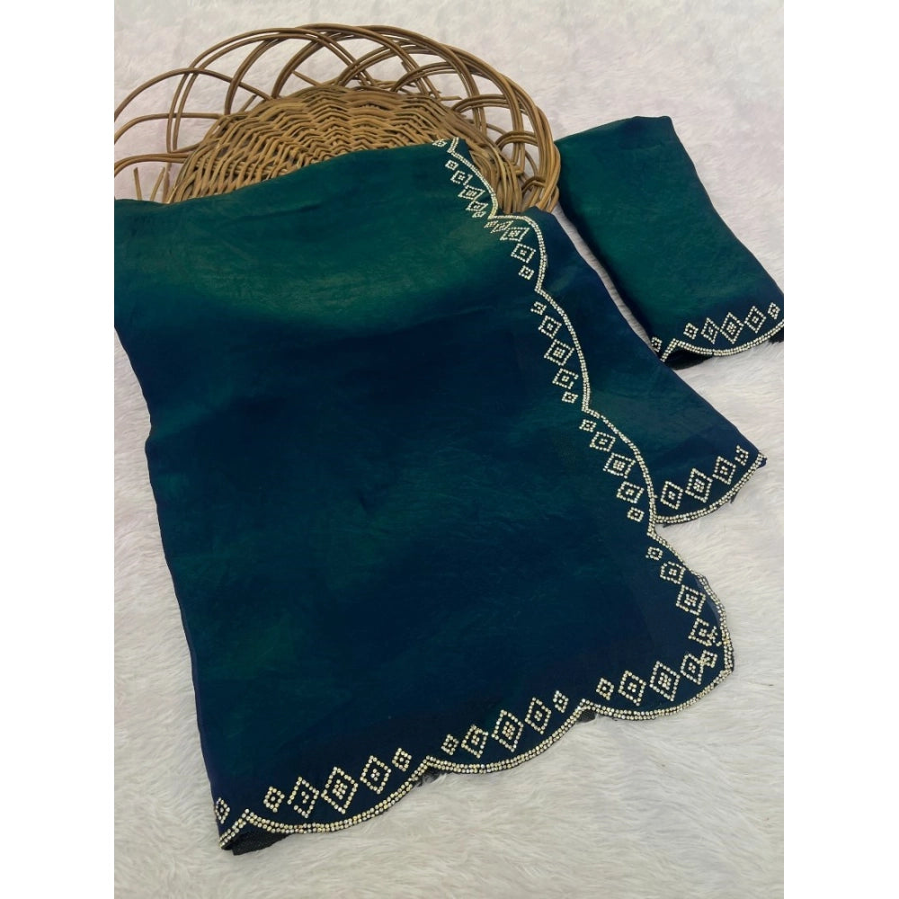 Generic Women's Satin Embellished Saree With Unstitched Blouse 5.5Mtr (Bottle Green)