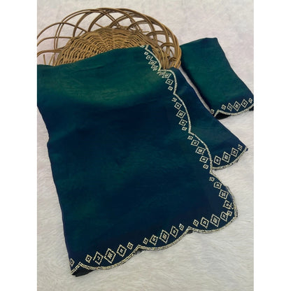 Generic Women's Satin Embellished Saree With Unstitched Blouse 5.5Mtr (Bottle Green)