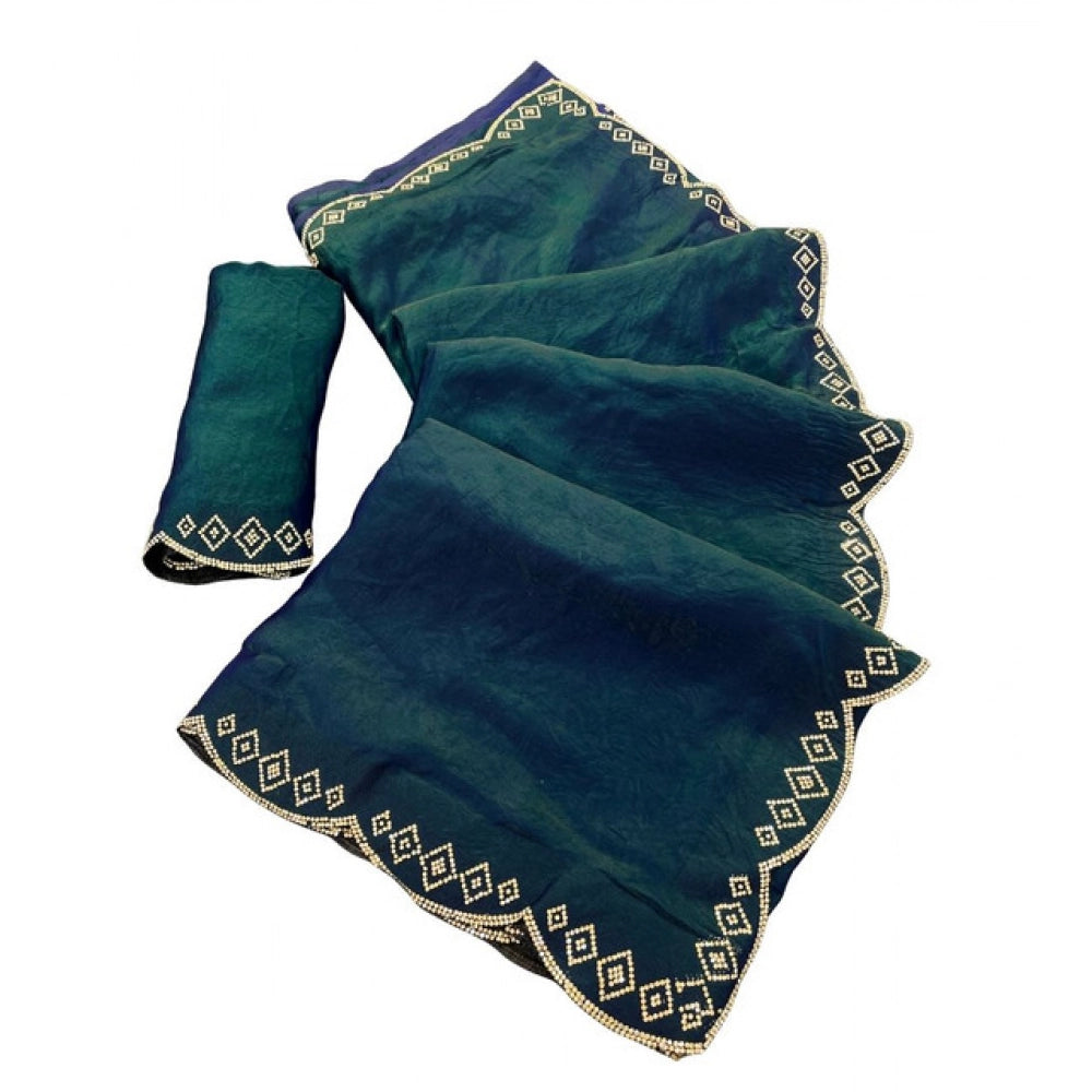 Generic Women's Satin Embellished Saree With Unstitched Blouse 5.5Mtr (Bottle Green)
