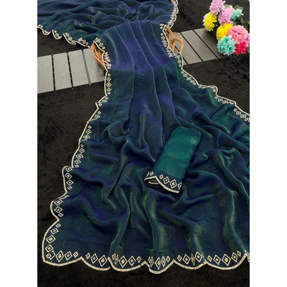 Generic Women's Satin Embellished Saree With Unstitched Blouse 5.5Mtr (Bottle Green)