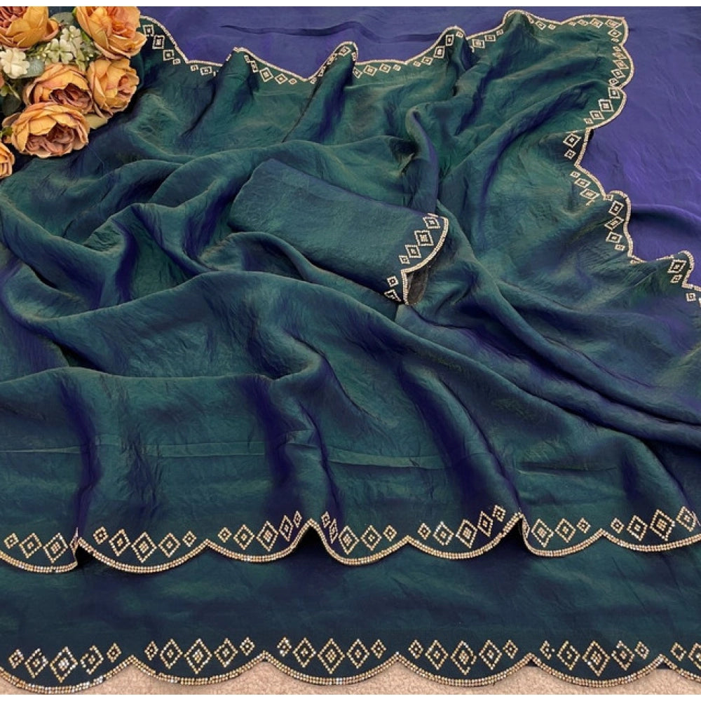 Generic Women's Satin Embellished Saree With Unstitched Blouse 5.5Mtr (Bottle Green)
