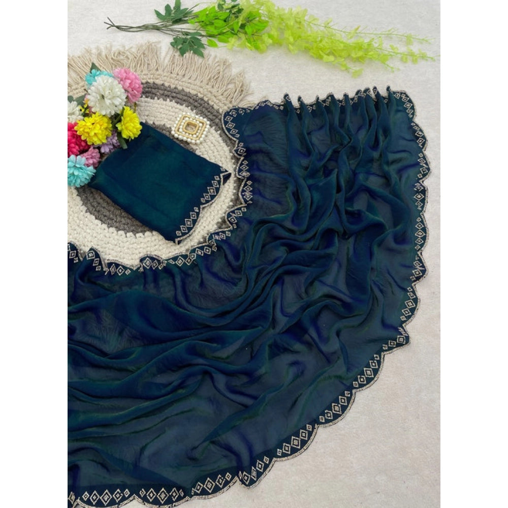 Generic Women's Satin Embellished Saree With Unstitched Blouse 5.5Mtr (Bottle Green)