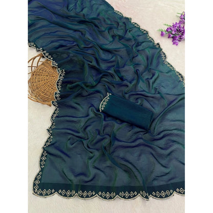 Generic Women's Satin Embellished Saree With Unstitched Blouse 5.5Mtr (Bottle Green)