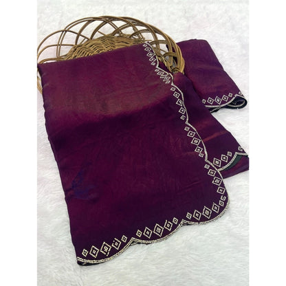 Generic Women's Satin Embellished Saree With Unstitched Blouse 5.5Mtr (Wine)