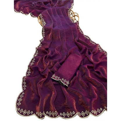 Generic Women's Satin Embellished Saree With Unstitched Blouse 5.5Mtr (Wine)