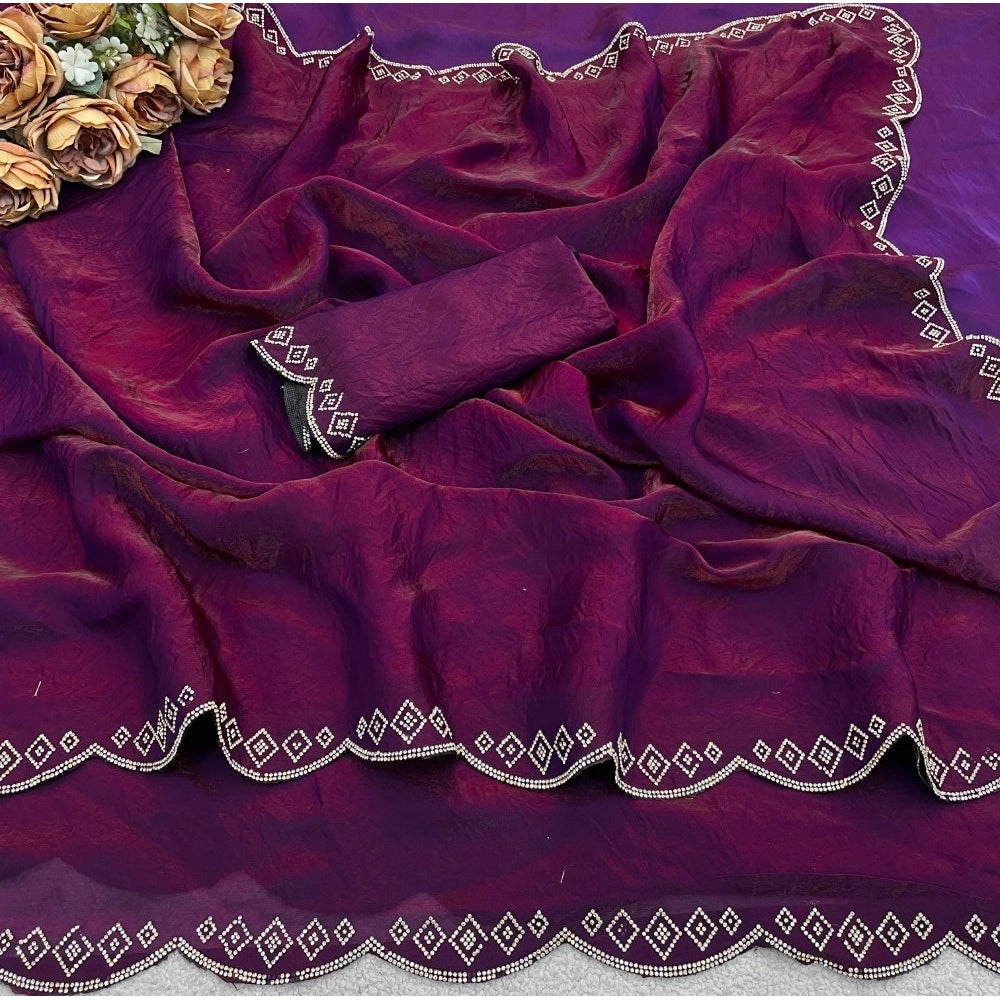 Generic Women's Satin Embellished Saree With Unstitched Blouse 5.5Mtr (Wine)