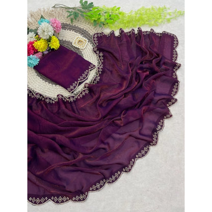Generic Women's Satin Embellished Saree With Unstitched Blouse 5.5Mtr (Wine)